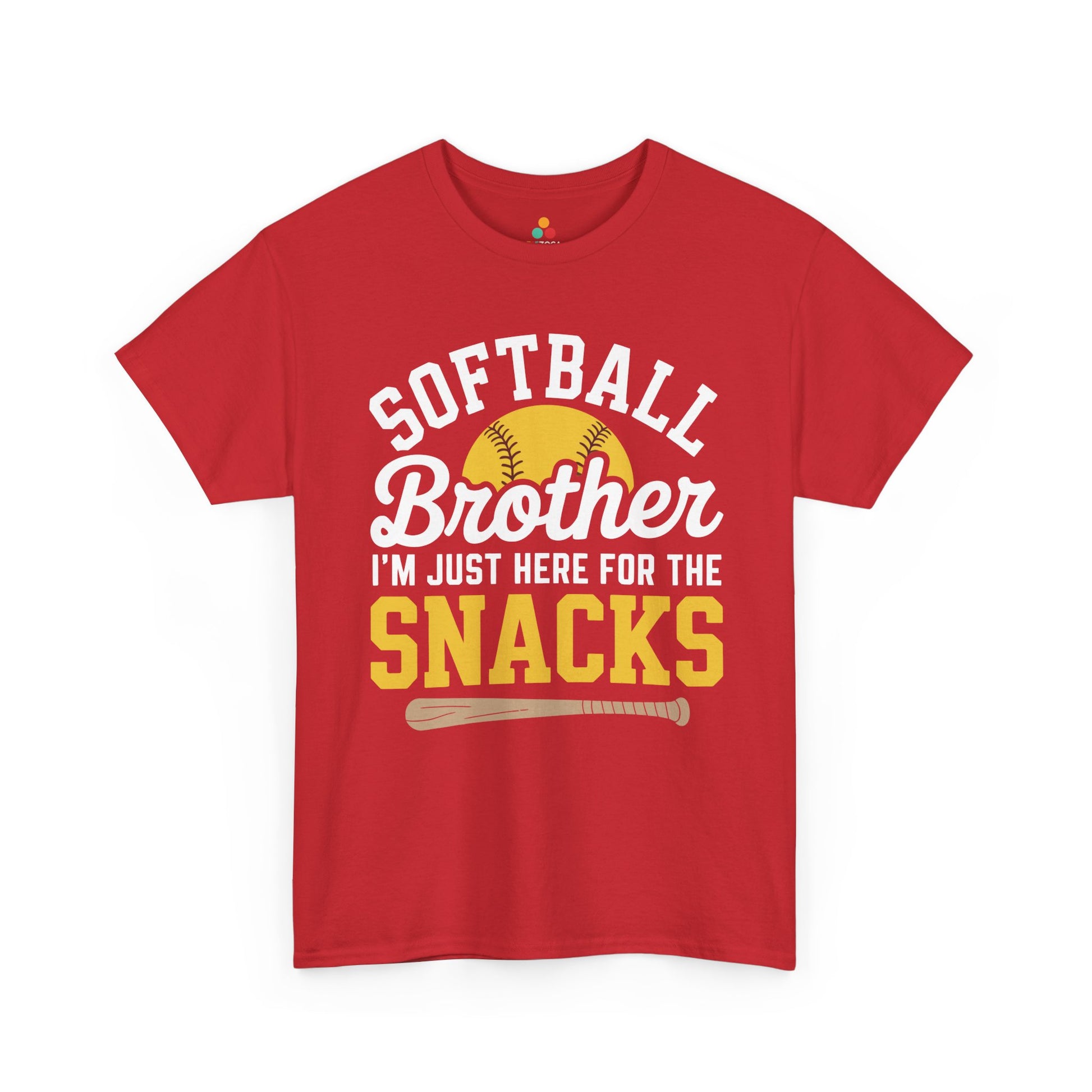 Funny Softball Shirt Brother Snacks Game Day Gift Unisex T-shirt | TEEZOCA Unisex T-shirt designed as a softball sibling shirt with I’m Just Here For The Snacks text.
