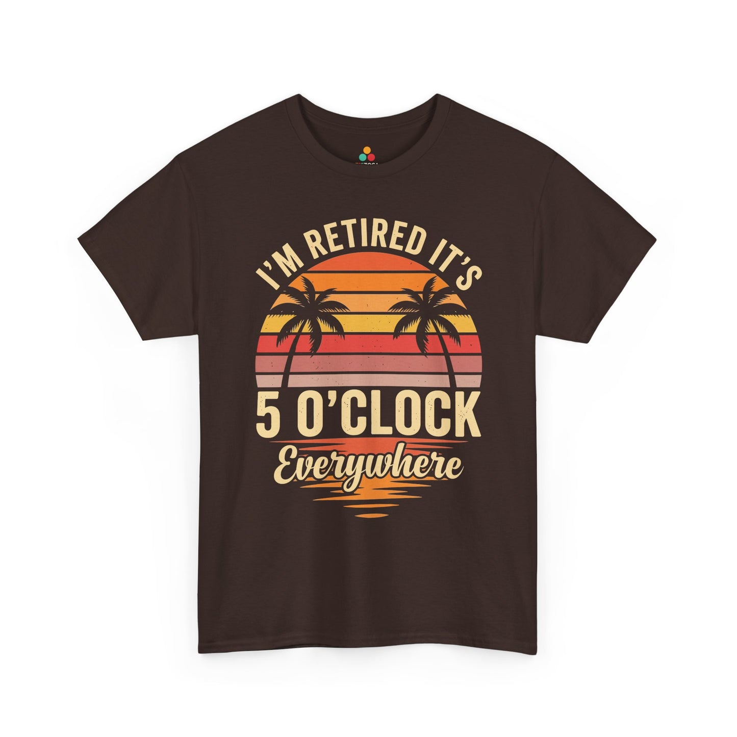 Funny TEEZOCA t-shirt for mens retirement t-shirt gifts featuring I'm Retired It's 5 O'Clock Everywhere tropical artwork.
