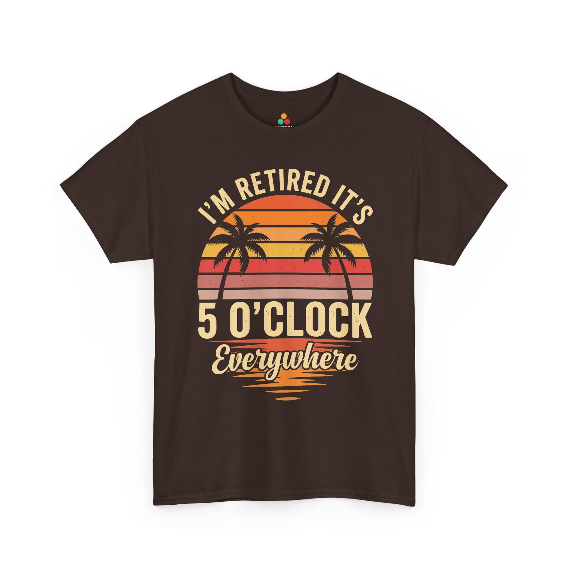 Funny TEEZOCA t-shirt for mens retirement t-shirt gifts featuring I'm Retired It's 5 O'Clock Everywhere tropical artwork.
