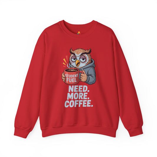 Funny academic sweatshirt showing owl holding coffee mug Red sweatshirt with an owl graphic and text 'Need. More. Coffee.' on a white background