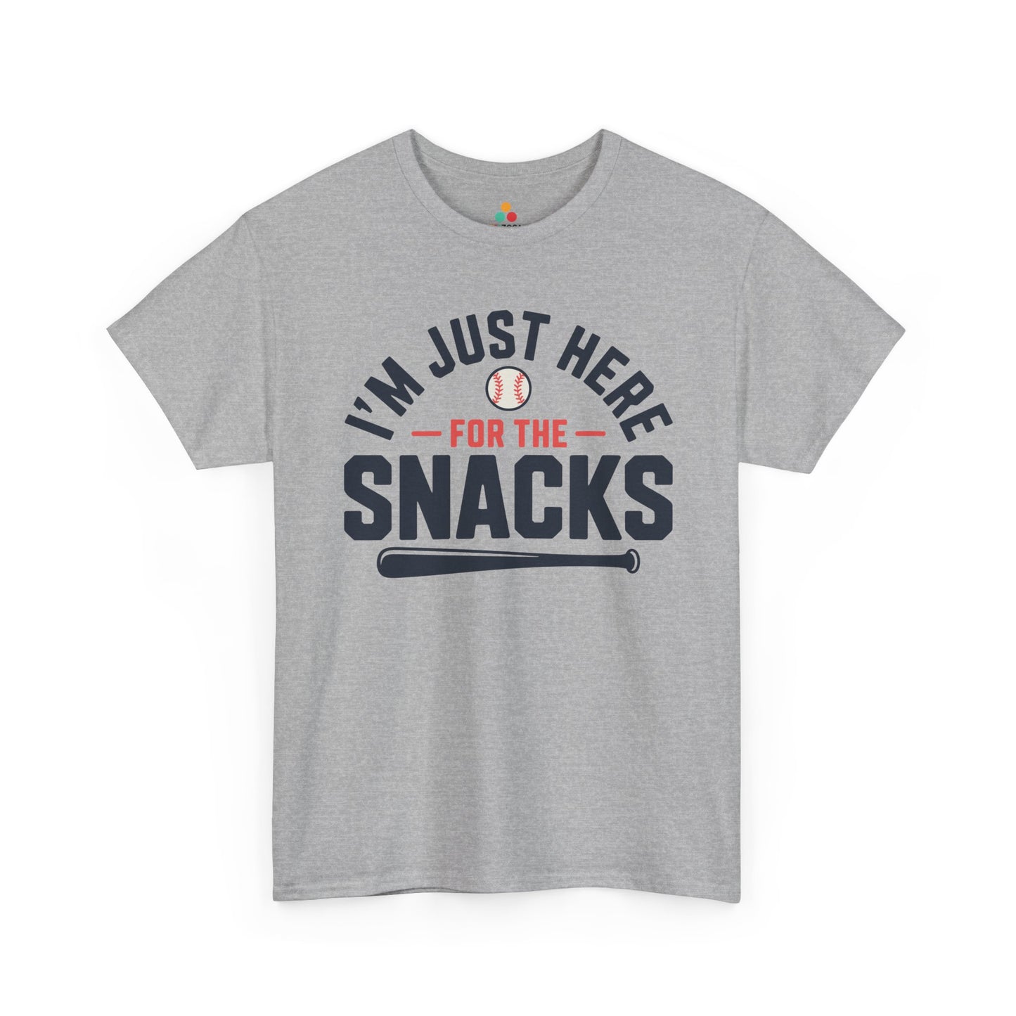 Funny baseball t shirt by TEEZOCA with I’m Just Here For The Snacks lettering for game day fans.
