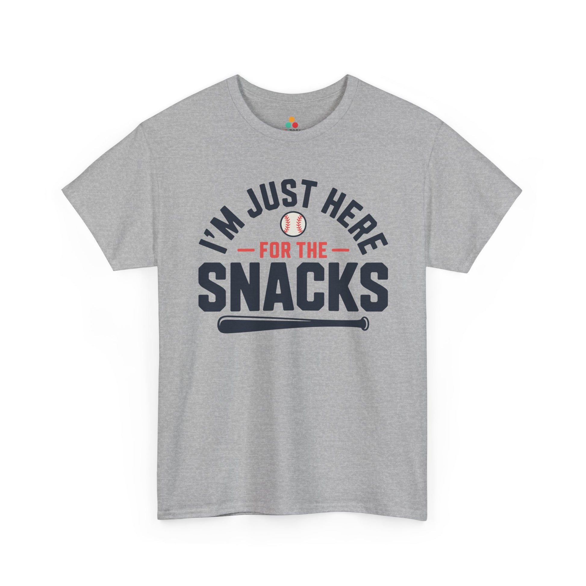Funny baseball t shirt by TEEZOCA with I’m Just Here For The Snacks lettering for game day fans.
