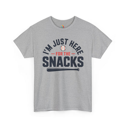 Funny baseball t shirt by TEEZOCA with I’m Just Here For The Snacks lettering for game day fans.
