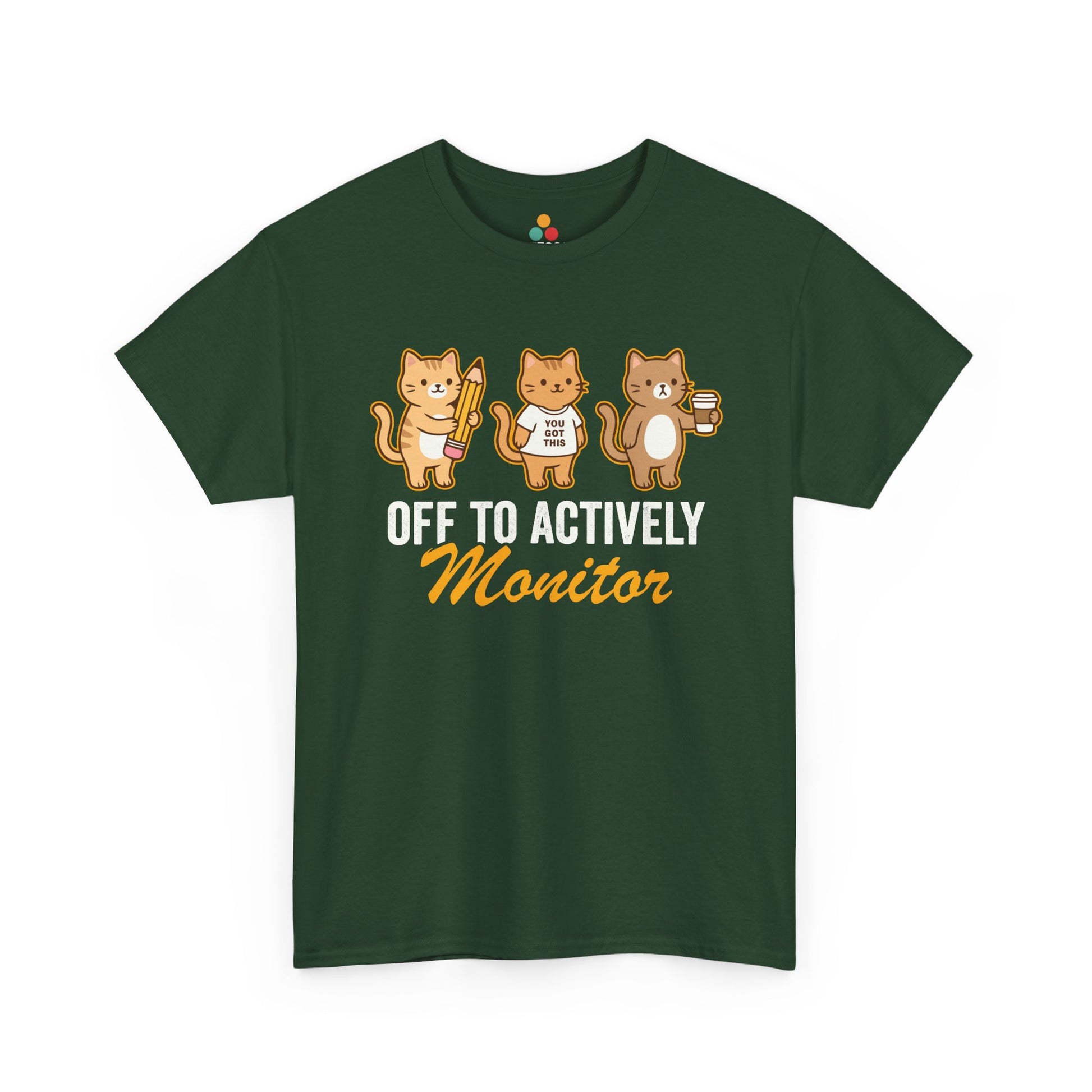 Funny cat shirt by TEEZOCA with Off To Actively Monitor message, test sign, pencil, ruler, and coffee cup details.
