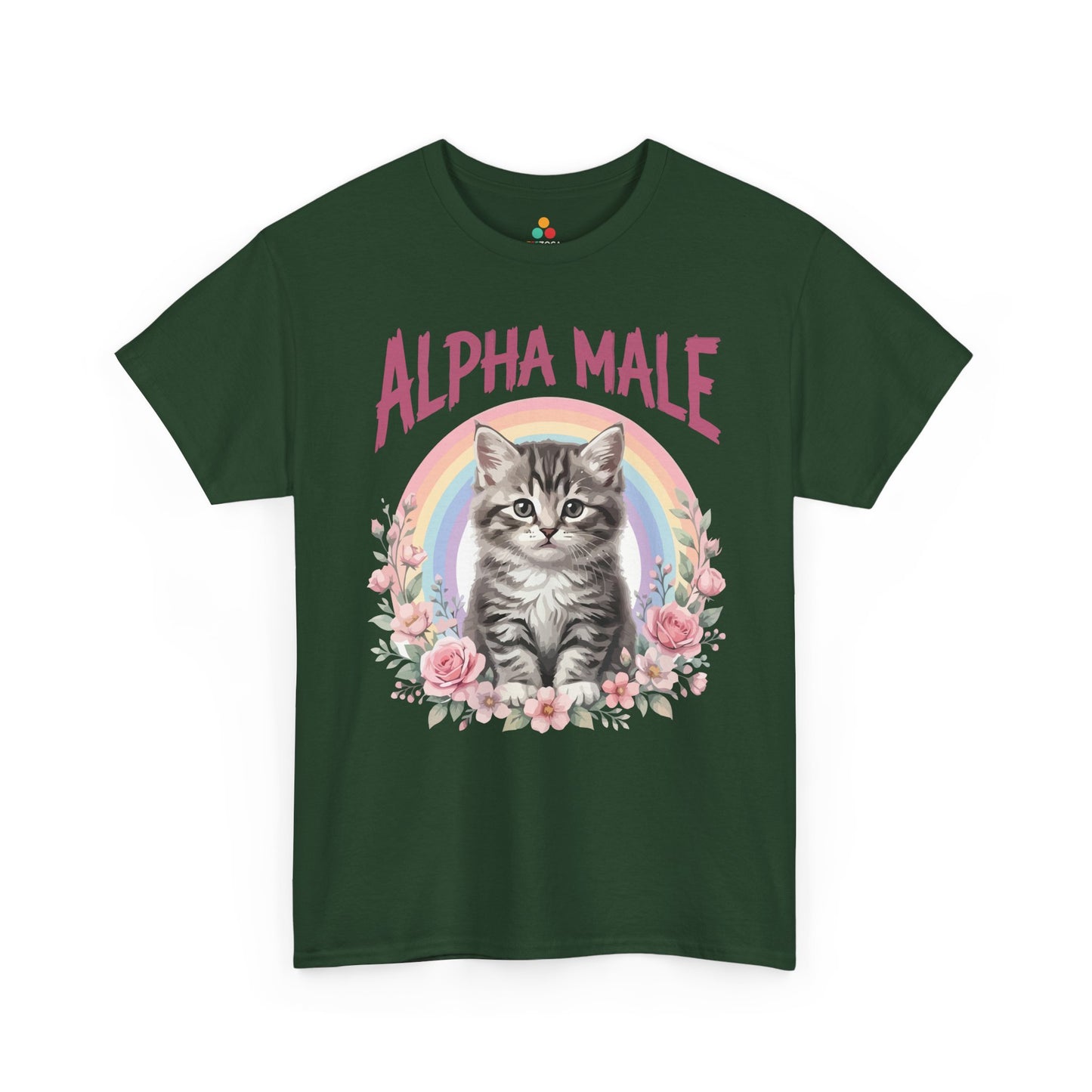 Funny cat shirts for guys design from TEEZOCA featuring Alpha Male text, flowers, and kitten attitude.
