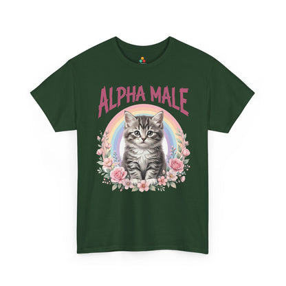 Funny cat shirts for guys design from TEEZOCA featuring Alpha Male text, flowers, and kitten attitude.
