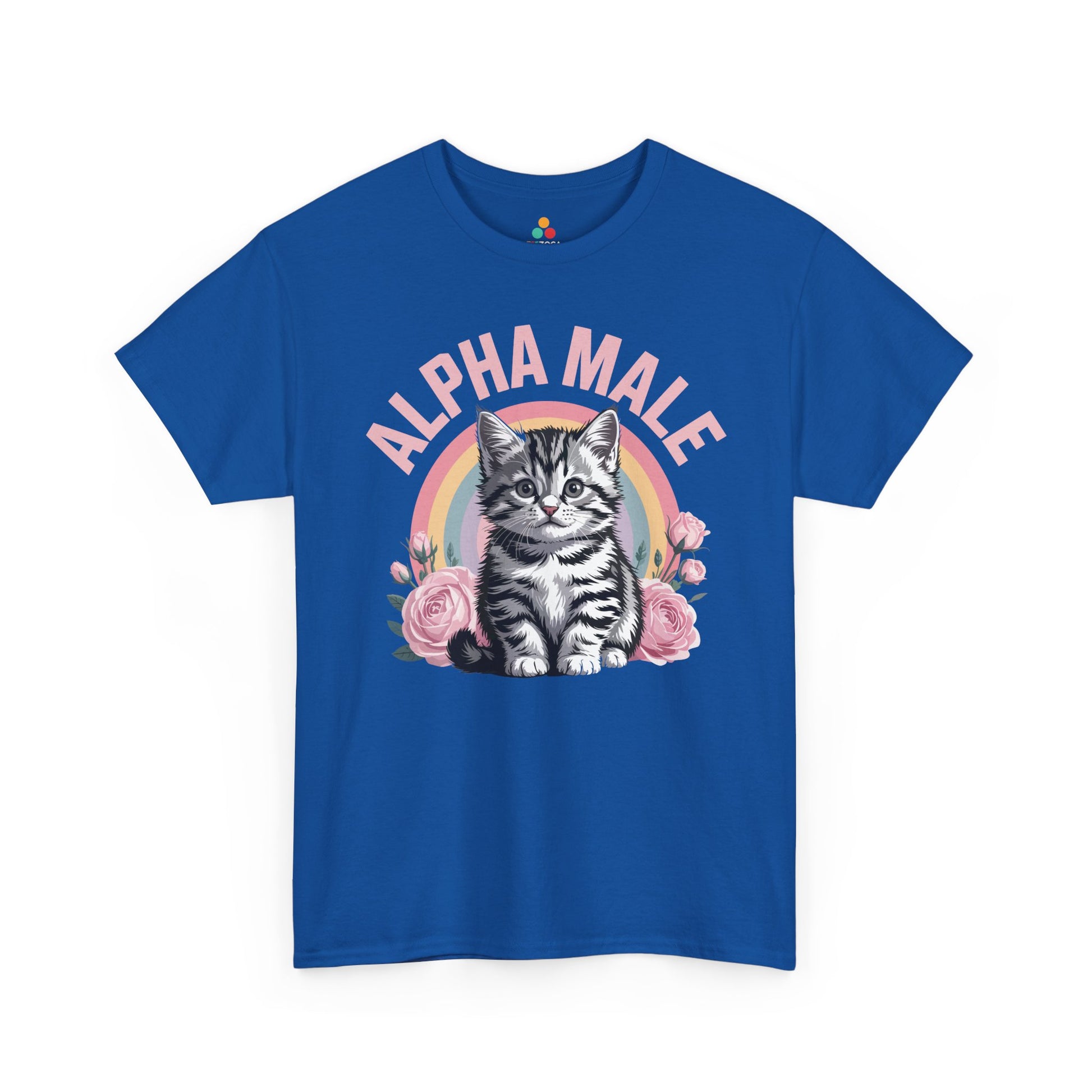 Funny cat shirts for guys design from TEEZOCA featuring a kitten framed by roses and bold Alpha Male text.
