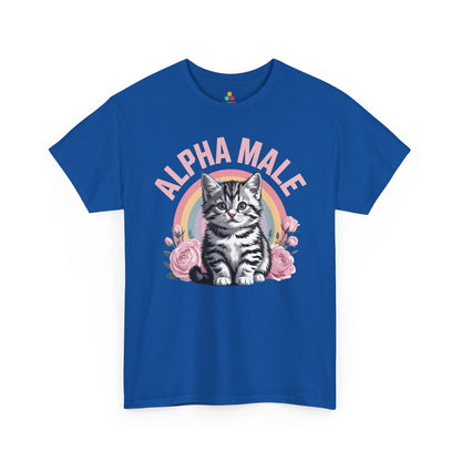 Funny cat shirts for guys design from TEEZOCA featuring a kitten framed by roses and bold Alpha Male text.

