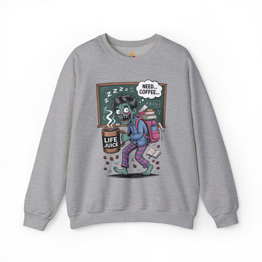 Funny coffee sweatshirt inspired by exams, studying, and student burnout Gray sweatshirt with a cartoon zombie design on a white background
