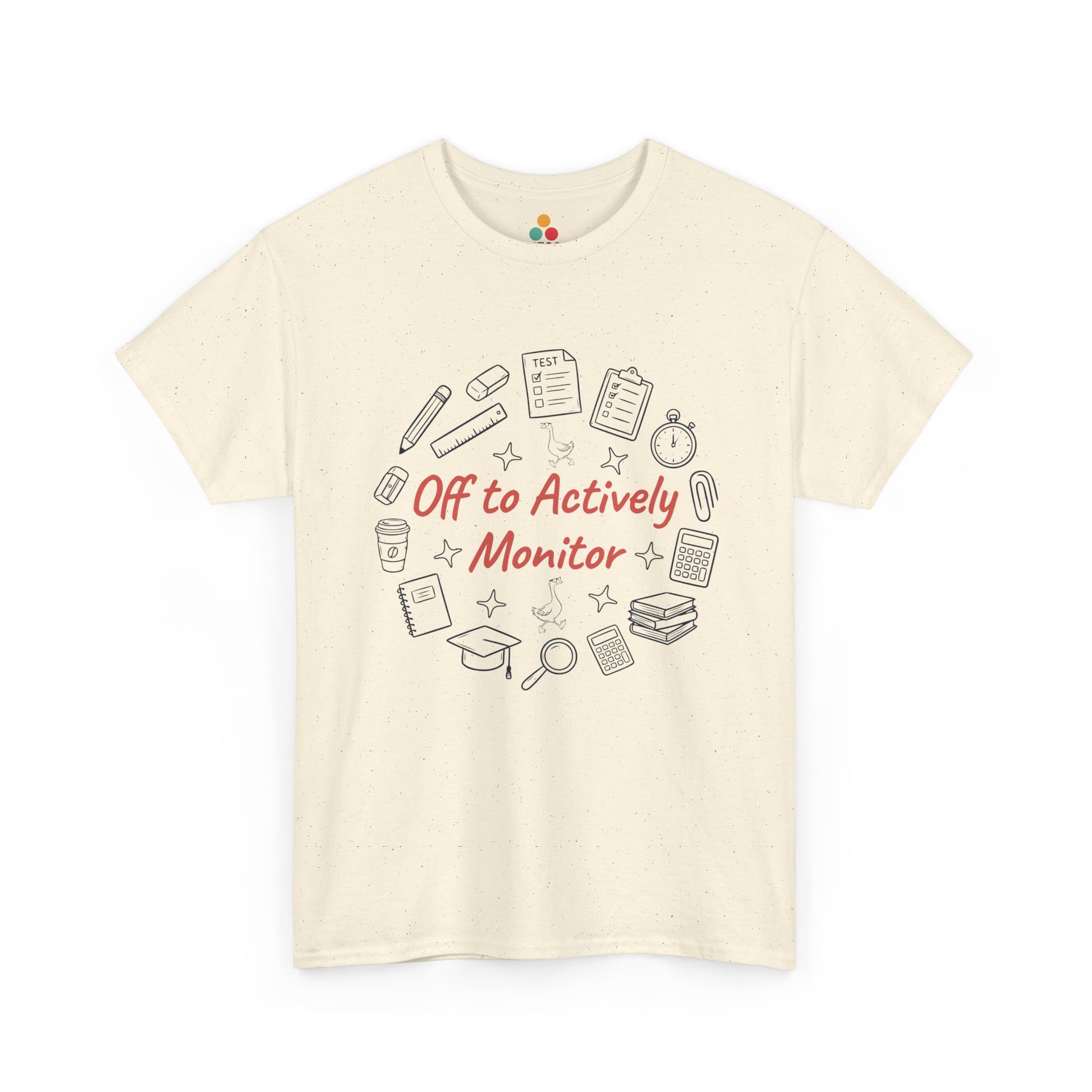 Funny teacher shirt by TEEZOCA with Off to Actively Monitor message and clean school supplies illustration.
