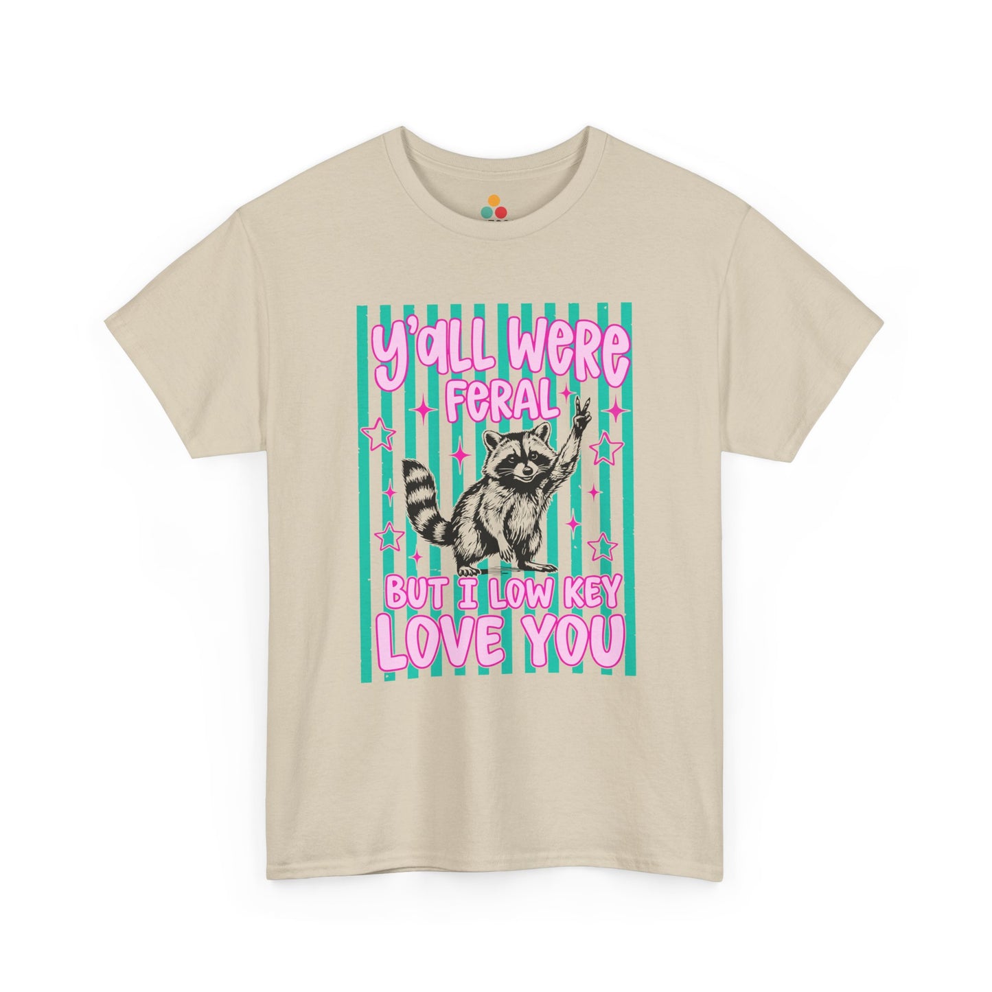 Funny teacher shirt by TEEZOCA with Y’all Were Feral But I Love You text, raccoon graphic, and bright classroom humor.
