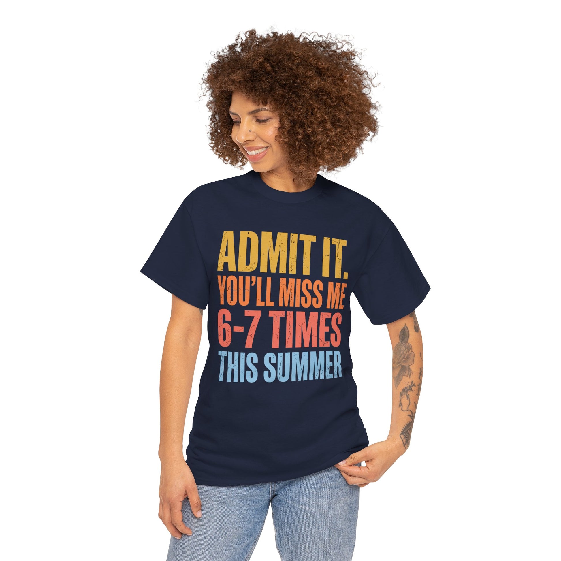 Funny teacher shirt by TEEZOCA with distressed gold, orange, coral, and blue text for last day of school laughs.
