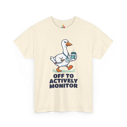 Funny teacher t shirts design from TEEZOCA with a goose proctor, coffee, and clever actively monitor classroom joke.
