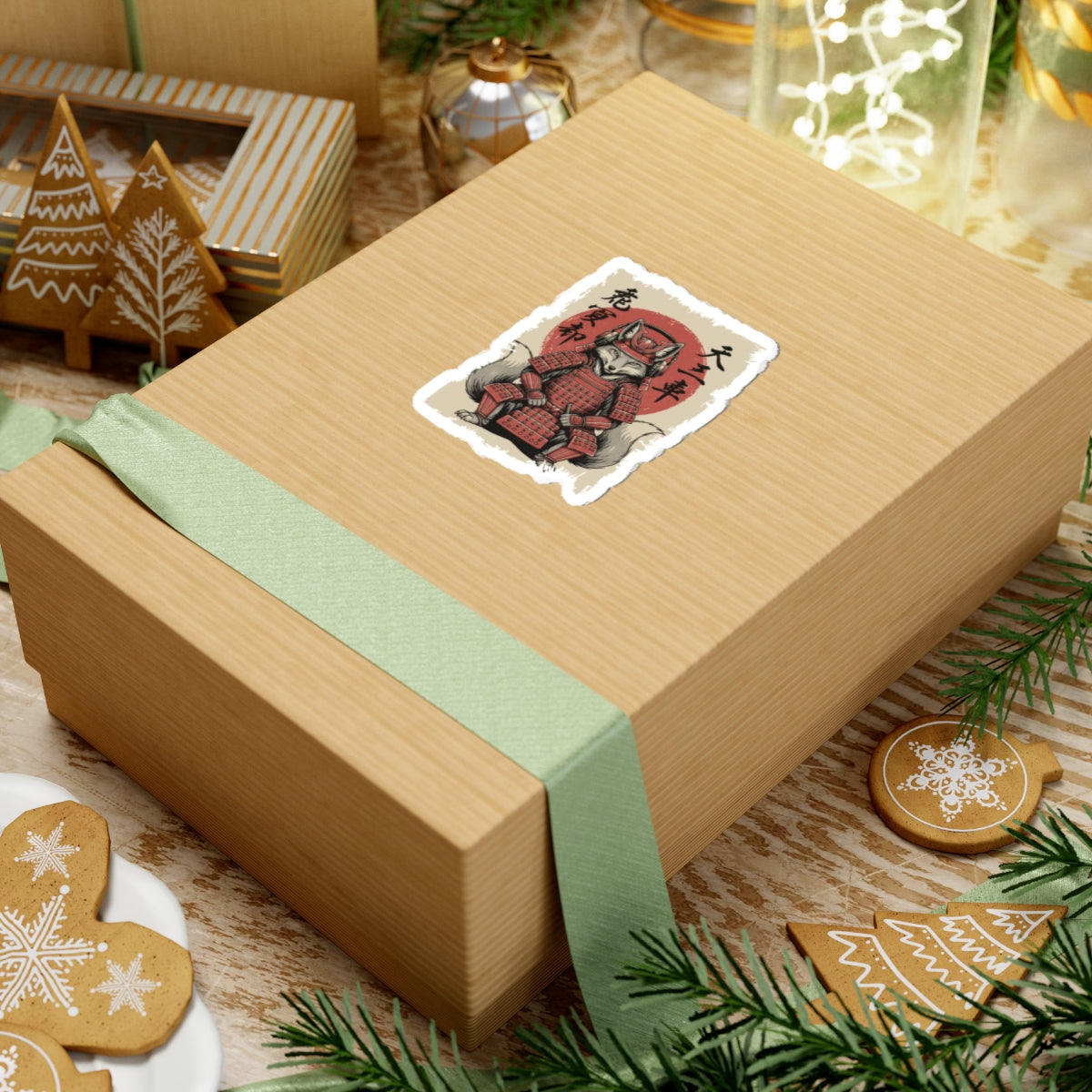 Gift box with decorative paper and ribbon on a festive background with cookies and lights