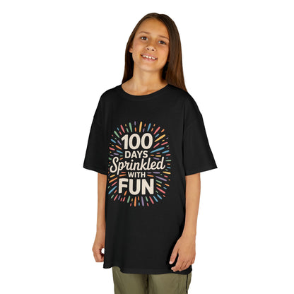 Girl wearing a black TEEZOCA “100 Days Sprinkled With Fun” Funny 100 Days Of School t‑shirt.