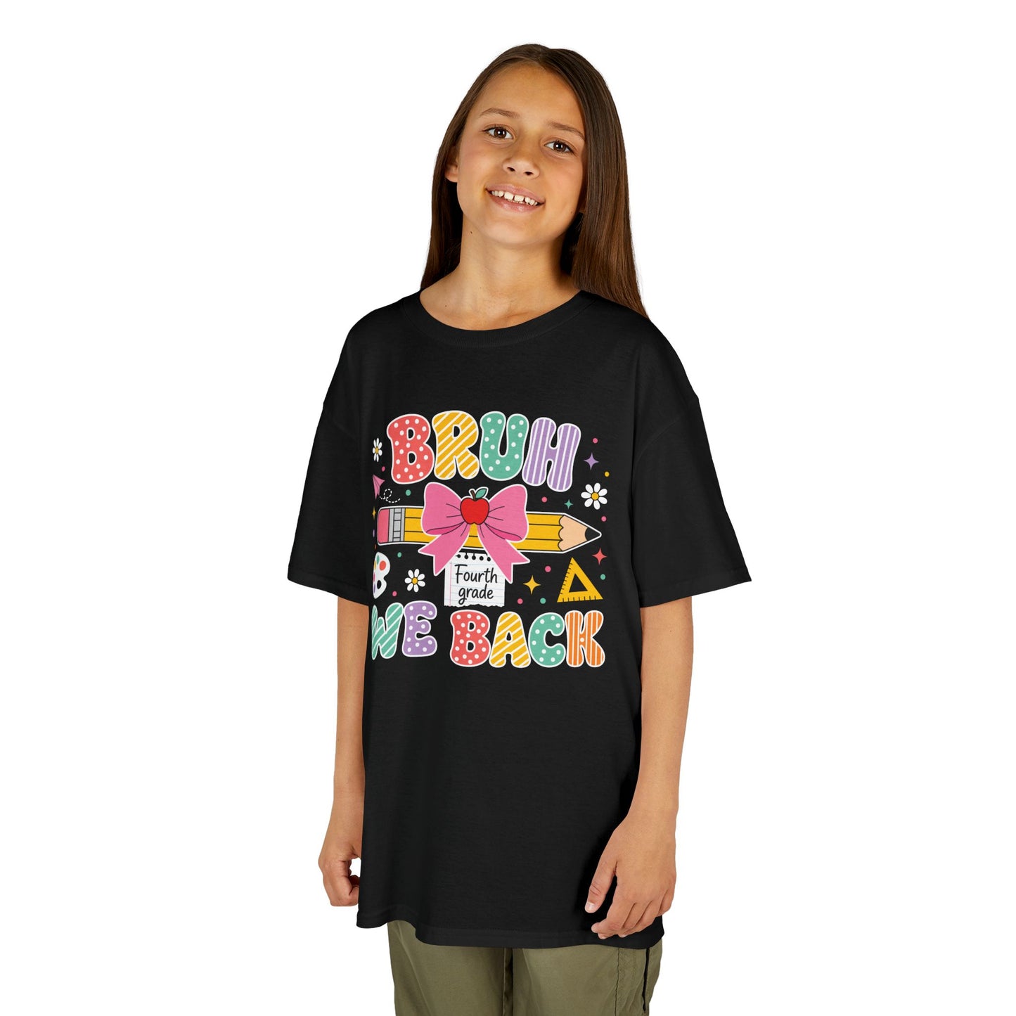 Girl wearing a black TEEZOCA Bruh We Back Fourth Grade kids tee, a funny first-day-of-school shirt for the new school year.
