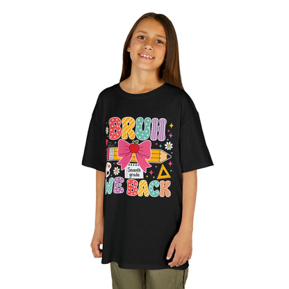 Girl wearing a black TEEZOCA Bruh We Back Seventh Grade kids tee, a funny first-day-of-school shirt for the new school year.
