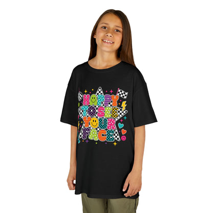 Girl wearing a black TEEZOCA Happy to See Your Face kids tee, a cute back to school shirt for the new school year.
