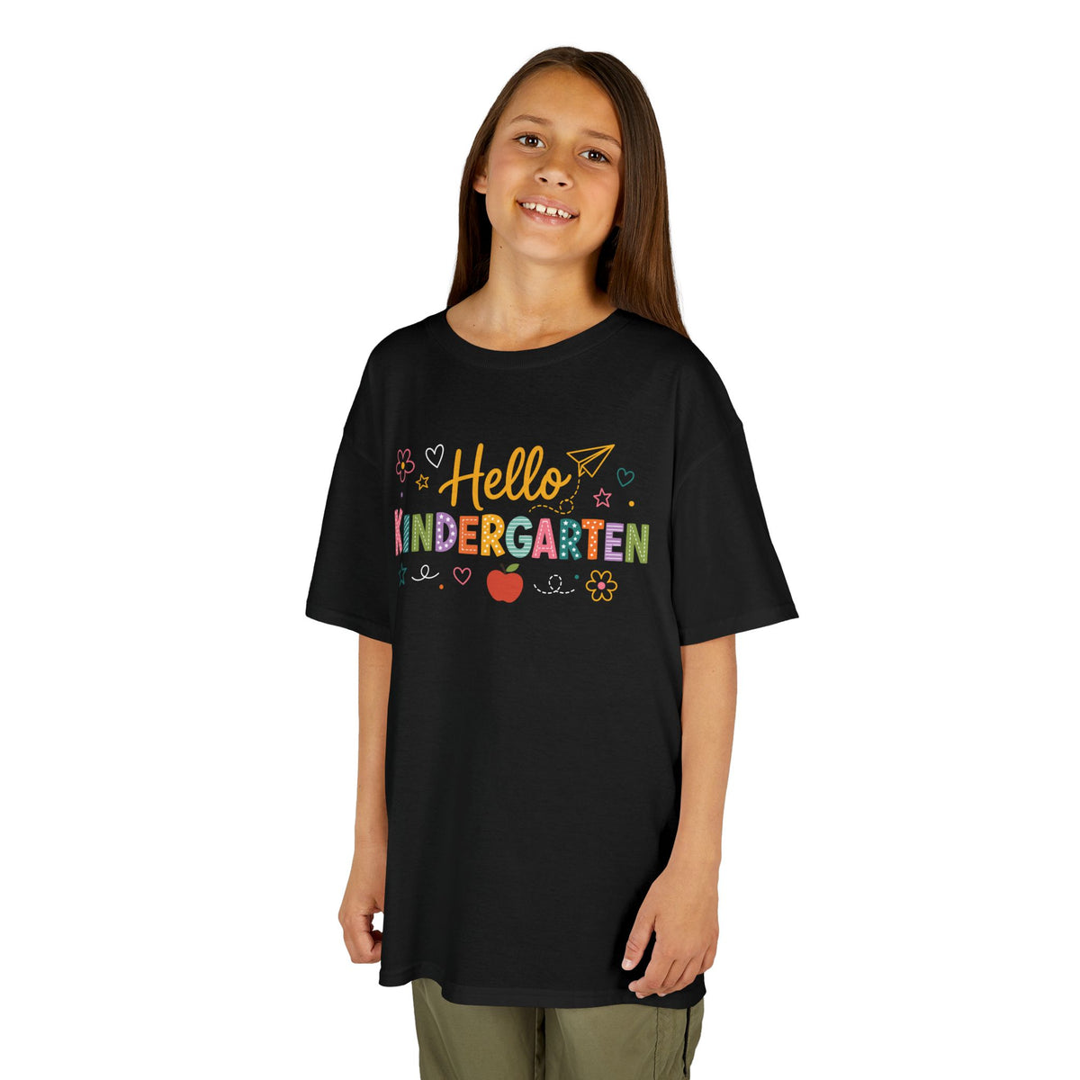 Girl wearing a black TEEZOCA Hello Kindergarten kids tee, a cute first-day-of-school shirt for a new kindergartener.
