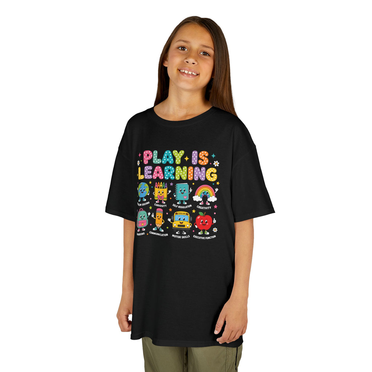 Girl wearing a black TEEZOCA Play Is Learning kids tee, a cute back to school shirt for a preschooler.
