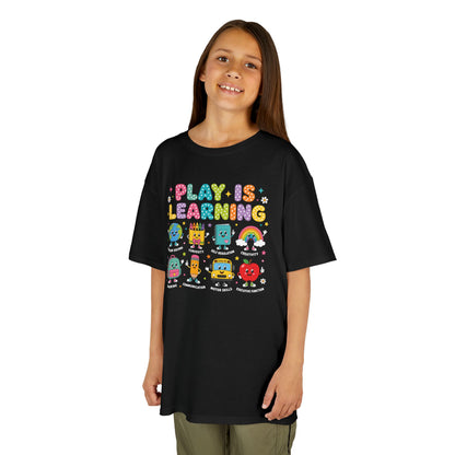 Girl wearing a black TEEZOCA Play Is Learning kids tee, a cute back to school shirt for a preschooler.
