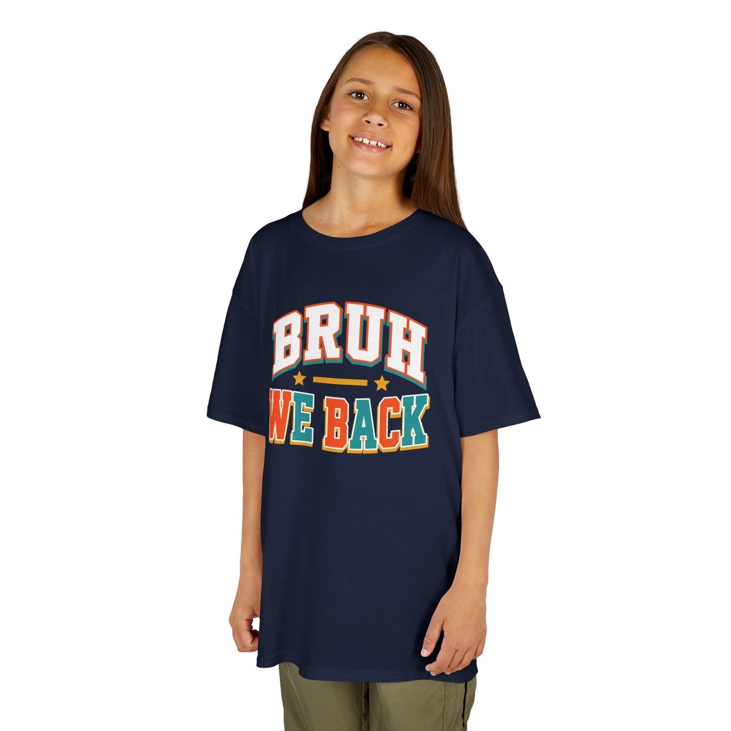 Girl wearing a navy TEEZOCA Bruh We Back varsity kids tee, a funny back to school shirt for the new school year.
