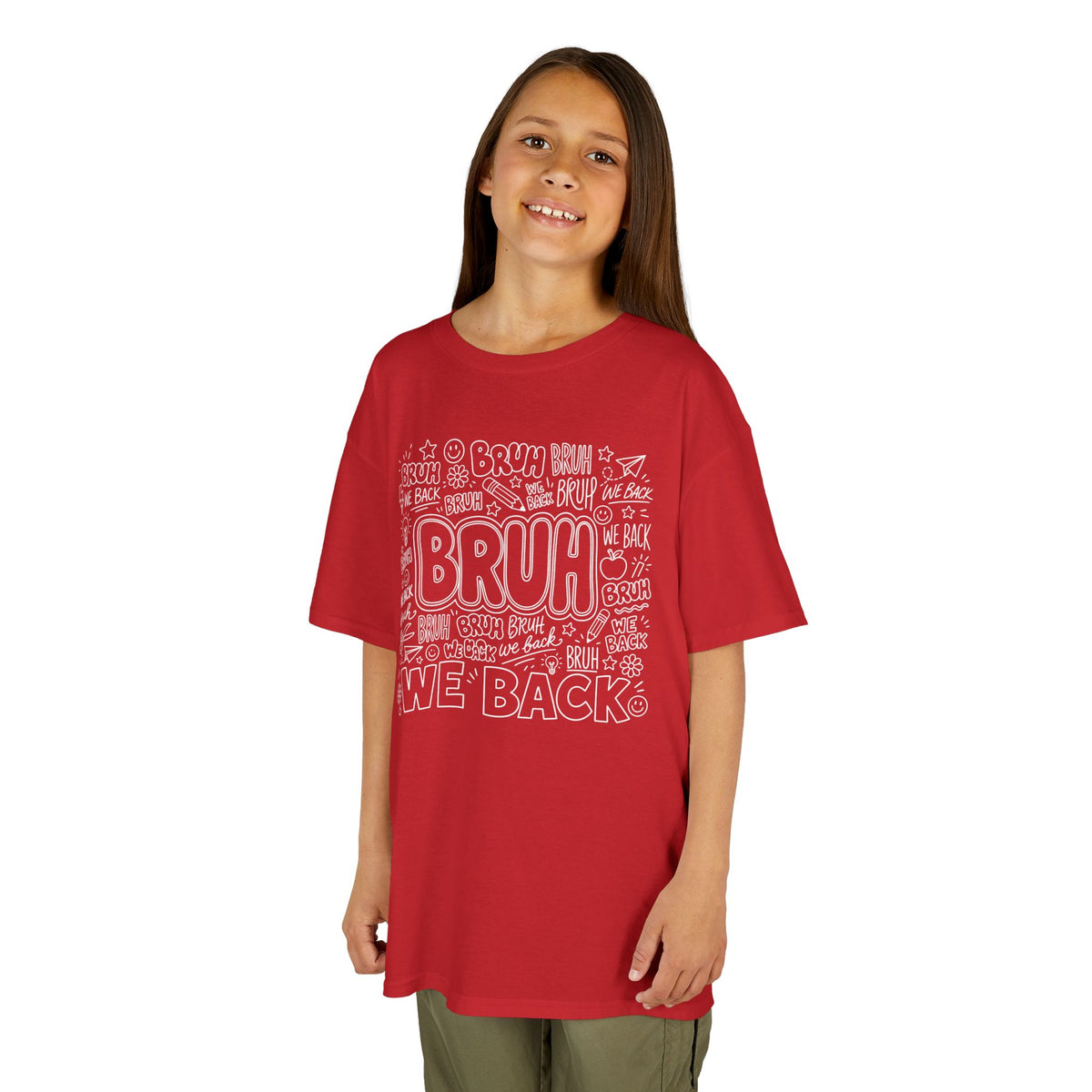Girl wearing a red TEEZOCA Bruh We Back doodle kids tee, a funny back to school shirt for the new school year.
