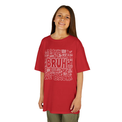 Girl wearing a red TEEZOCA Bruh We Back doodle kids tee, a funny back to school shirt for the new school year.
