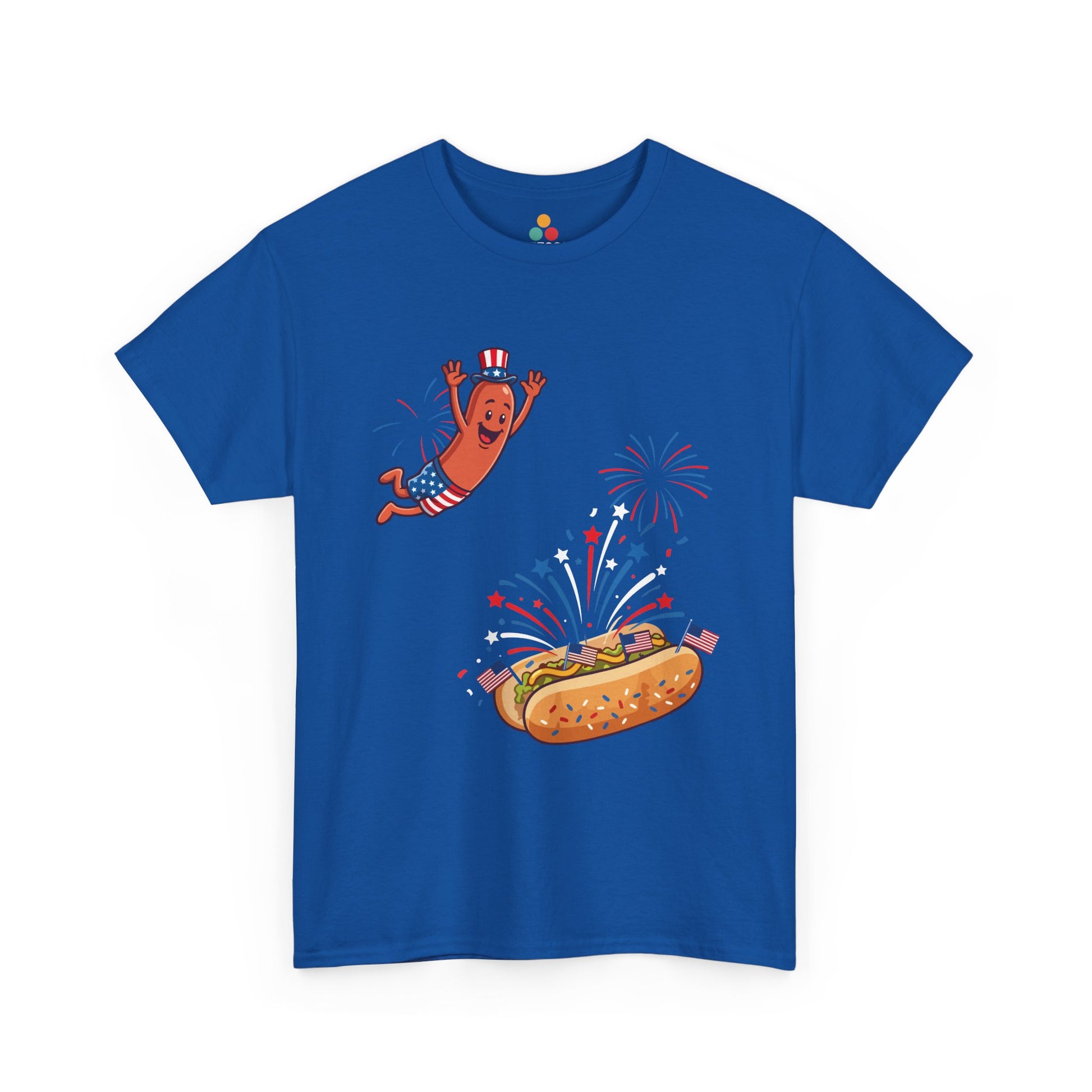 Glizzy Shirt — Funny 4th of July Hot Dog T-shirt for BBQ Cookouts | TEEZOCA T-shirt featuring a Glizzy Shirt design with an Exploding Hot Dog Shirt scene, fireworks, and red, white, and blue cookout chaos.
