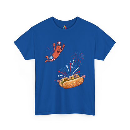 Glizzy Shirt — Funny 4th of July Hot Dog T-shirt for BBQ Cookouts | TEEZOCA T-shirt featuring a Glizzy Shirt design with an Exploding Hot Dog Shirt scene, fireworks, and red, white, and blue cookout chaos.
