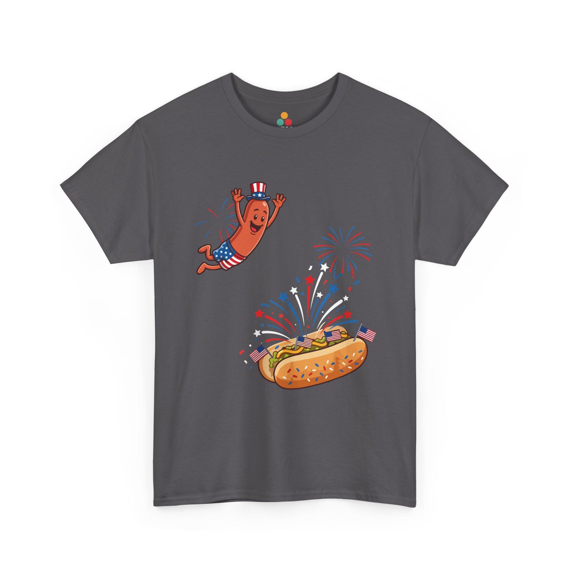 Glizzy Shirt — Funny 4th of July Hot Dog T-shirt for BBQ Cookouts | TEEZOCA T-shirt styled as a Glizzy T Shirt with a Hot Dog Meme Shirt scene, fireworks, and a jumping sausage character.
