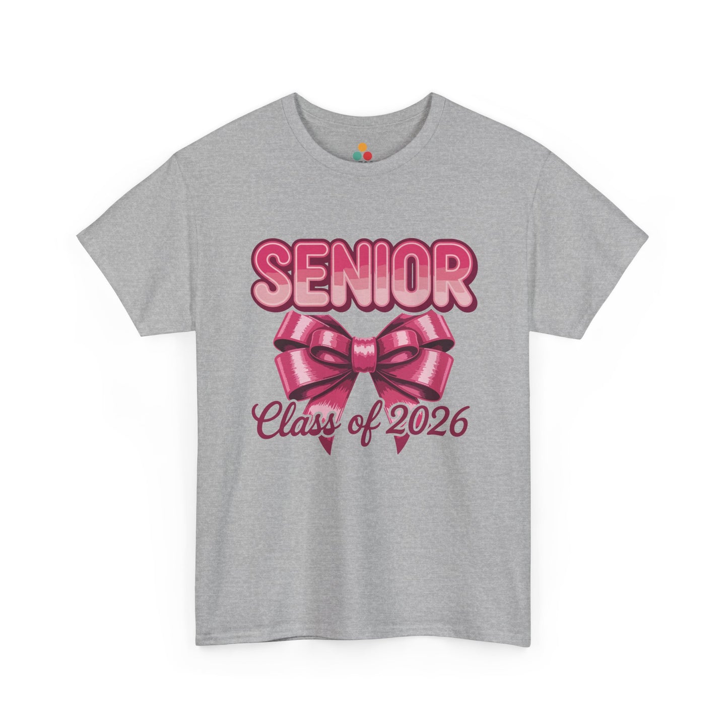 Gray TEEZOCA “Senior Class of 2026” pink bow graphic t‑shirt shown flat.