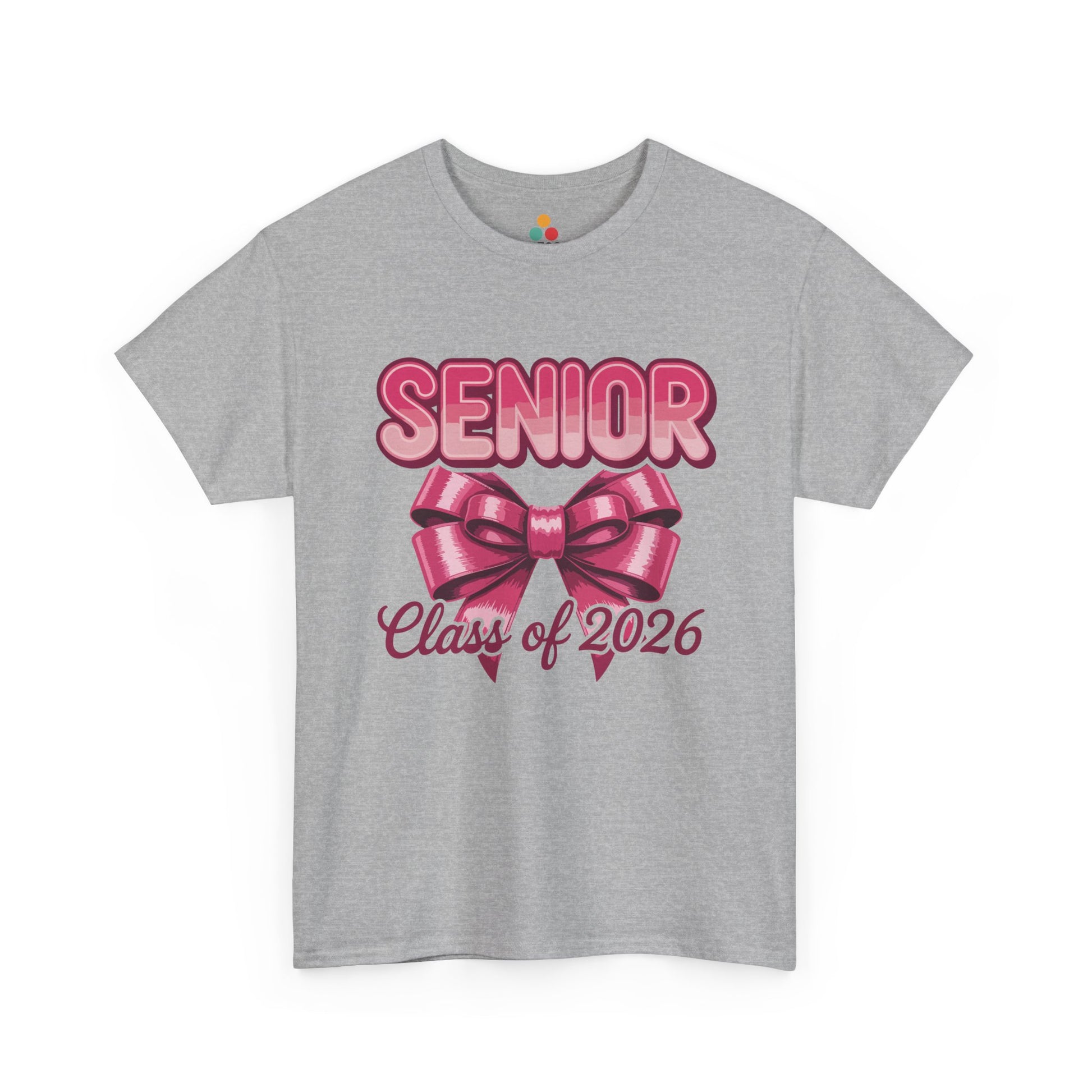 Gray TEEZOCA “Senior Class of 2026” pink bow graphic t‑shirt shown flat.