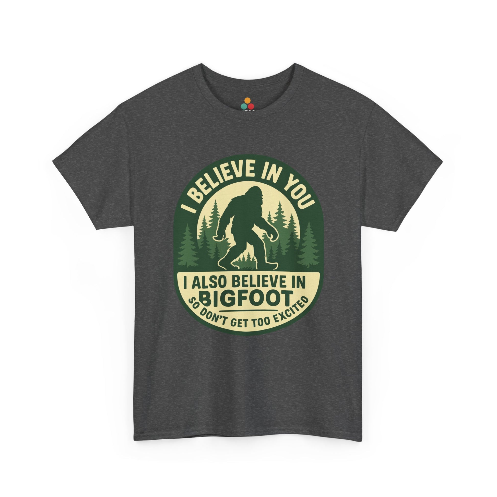 Gray t-shirt with Bigfoot graphic and text on a white background