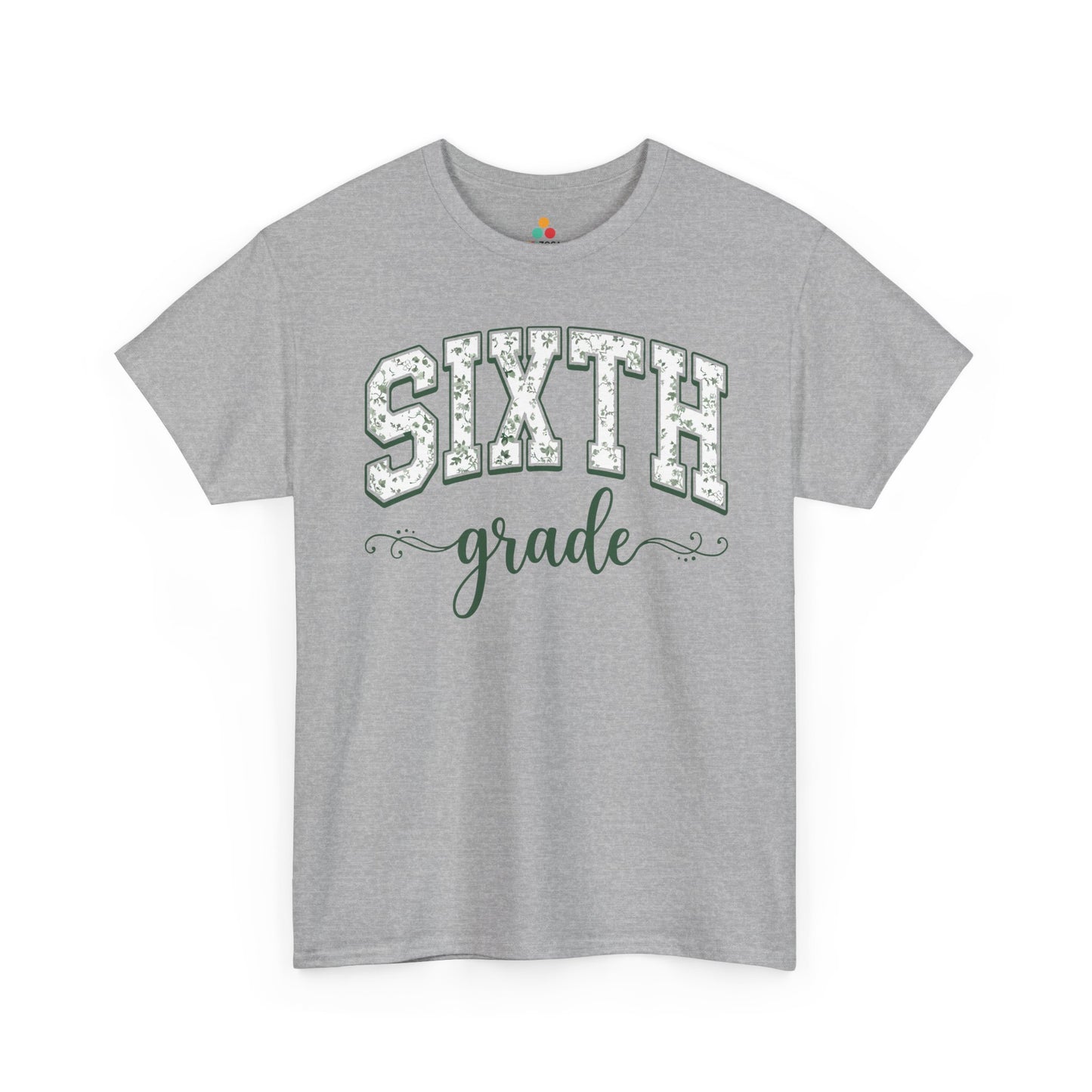 Gray t-shirt with 'Sixth Grade' text on a white background. Botanical sixth grade teacher shirt by TEEZOCA with hand-lettered script and a soft eucalyptus-green palette.
