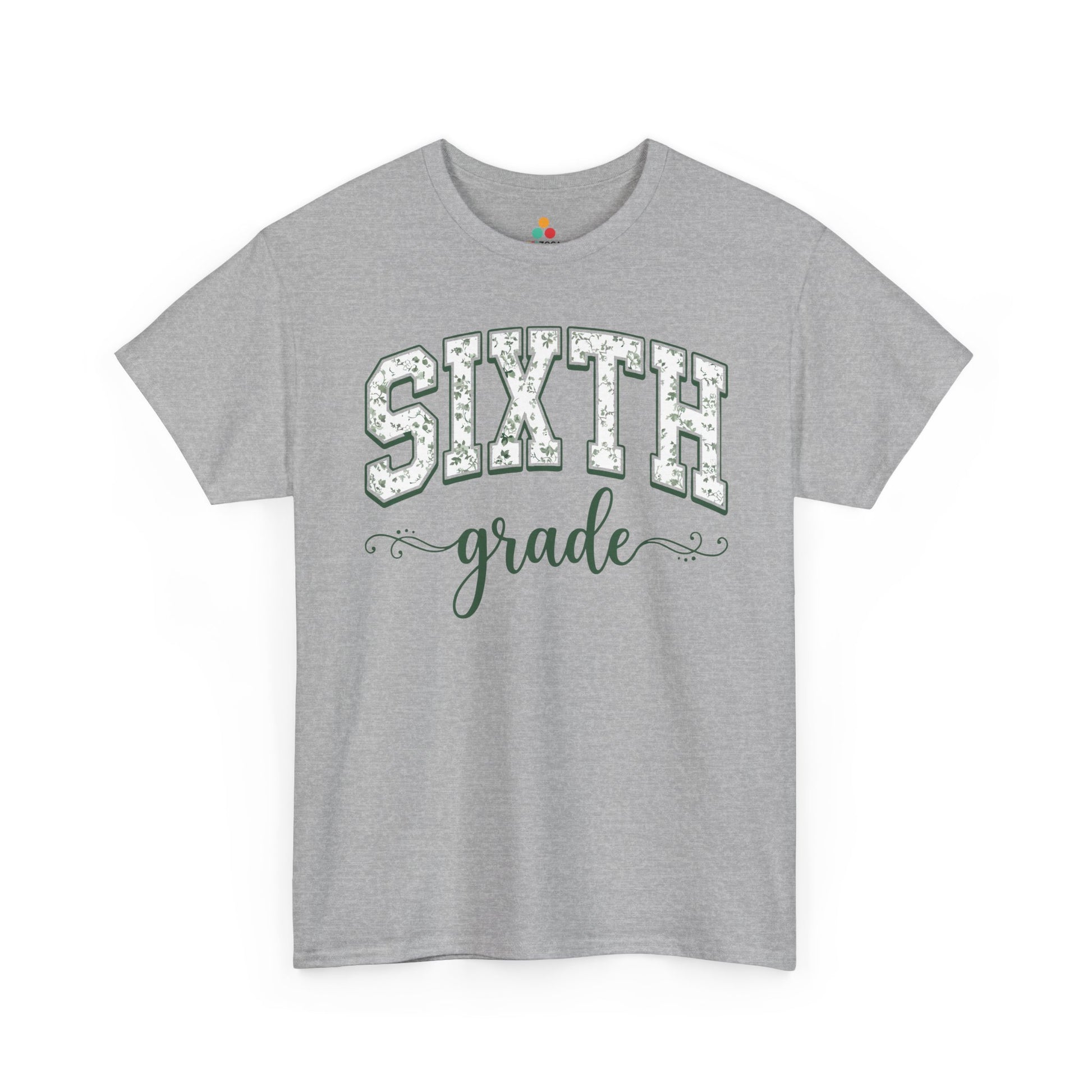 Gray t-shirt with 'Sixth Grade' text on a white background. Botanical sixth grade teacher shirt by TEEZOCA with hand-lettered script and a soft eucalyptus-green palette.
