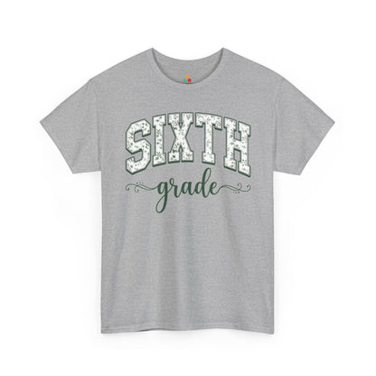 Gray t-shirt with 'Sixth Grade' text on a white background. Botanical sixth grade teacher shirt by TEEZOCA with hand-lettered script and a soft eucalyptus-green palette.
