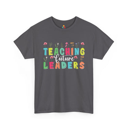 Gray t-shirt with 'Teaching Future Leaders' text and colorful design on a white background