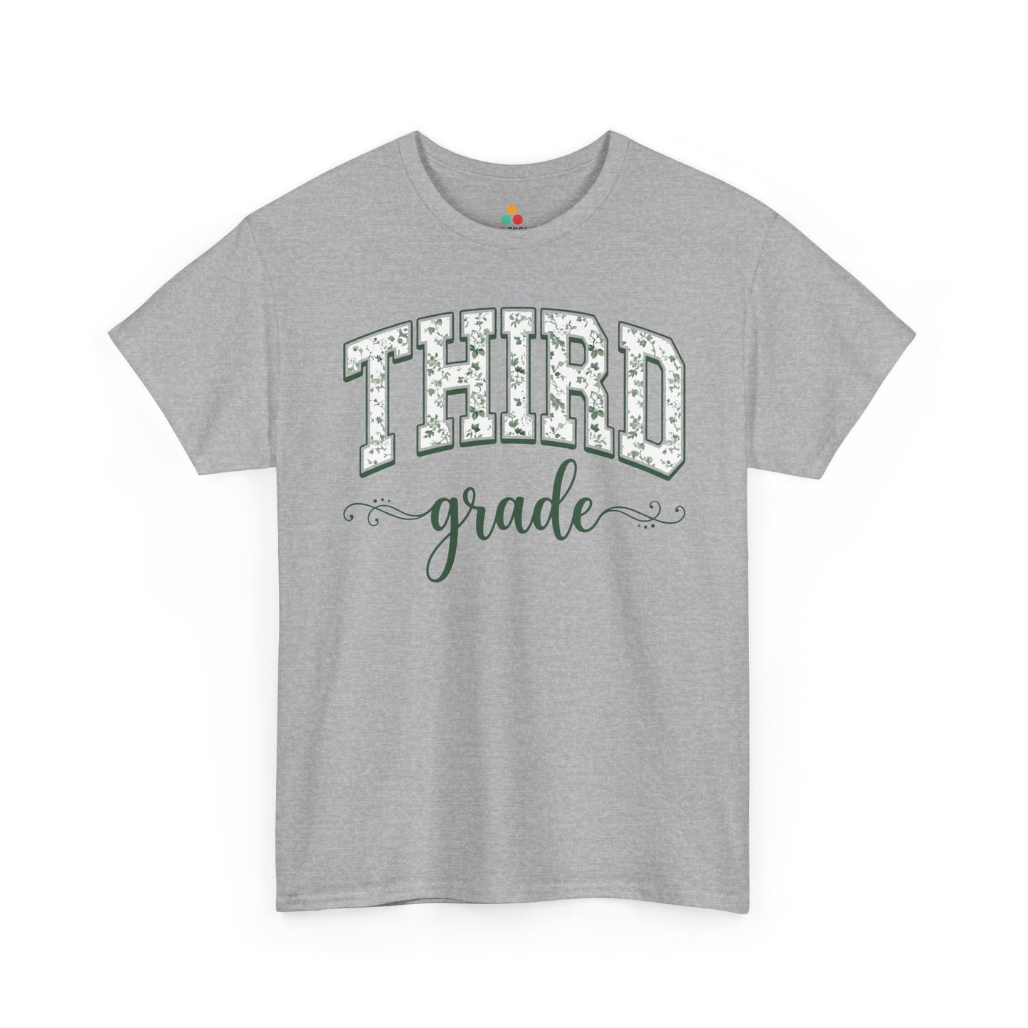 Gray t-shirt with 'Third grade' text on a white background. Cute third grade shirt from TEEZOCA, a unisex adult tee worn by teachers, aides, and room parents.
