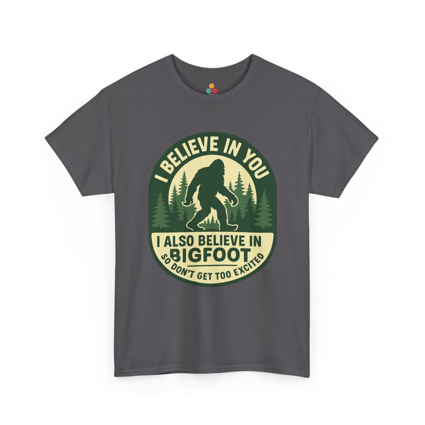 Gray t-shirt with a Bigfoot graphic and text on a white background