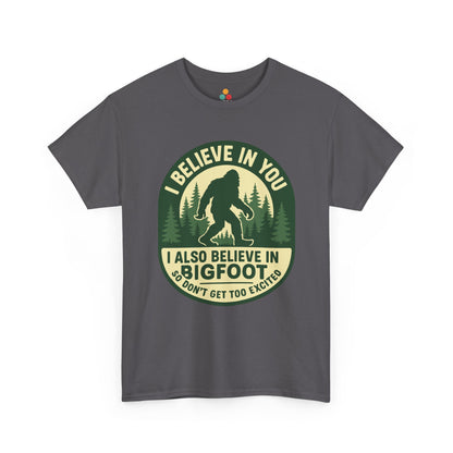 Gray t-shirt with a Bigfoot graphic and text on a white background