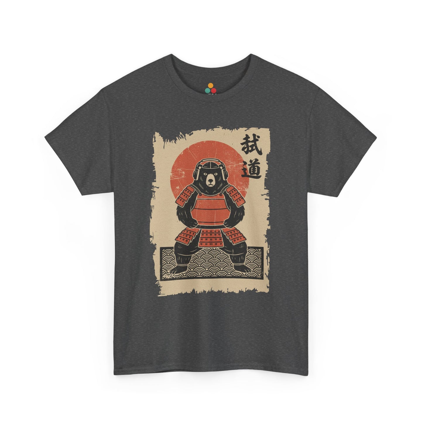 Gray t-shirt with a graphic of A Vintage Japanese ukiyo-e style bear samurai in red armor with red sun background.​

