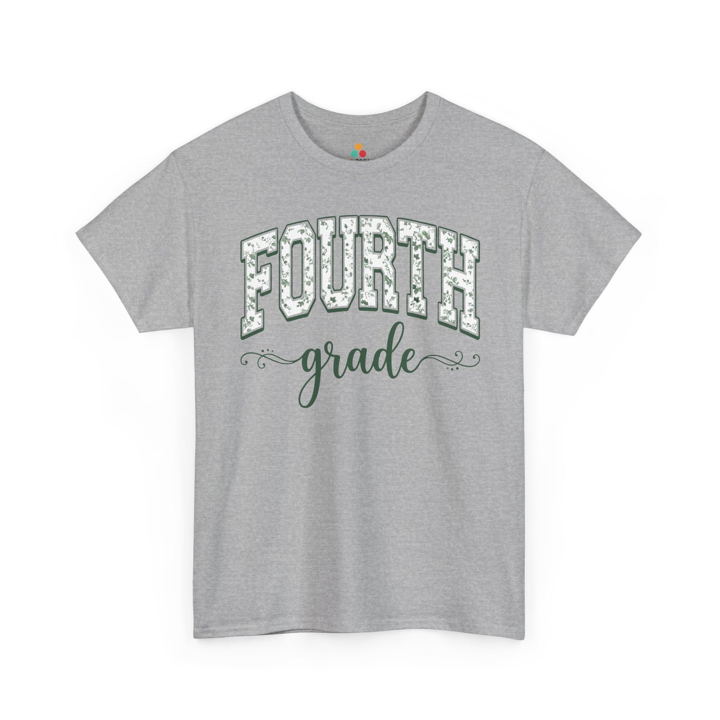 Gray t-shirt with a small black graphic on a white background. Botanical fourth grade teacher shirt by TEEZOCA with hand-lettered script and a soft eucalyptus-green palette.
