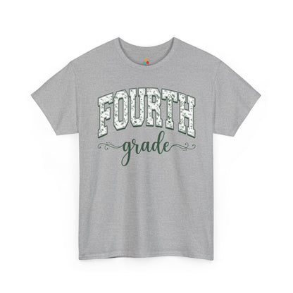 Gray t-shirt with a small black graphic on a white background. Botanical fourth grade teacher shirt by TEEZOCA with hand-lettered script and a soft eucalyptus-green palette.
