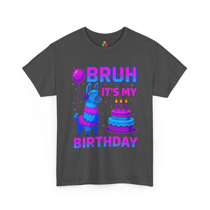 Gray t-shirt with colorful birthday design featuring a llama and cake on a white background
