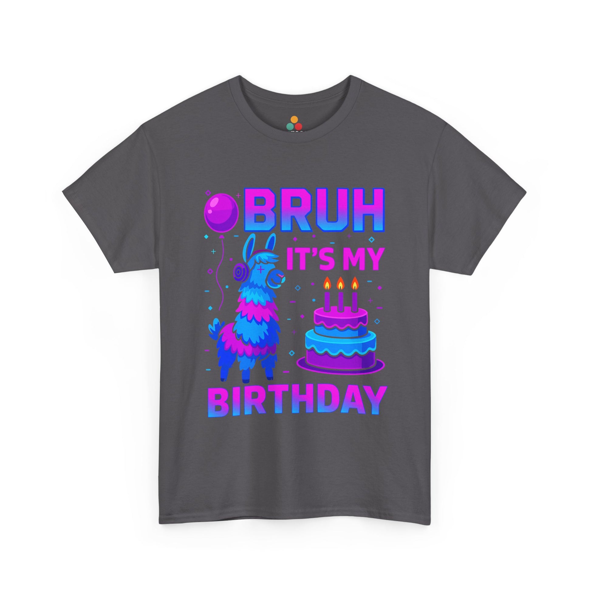 Gray t-shirt with colorful llama and birthday cake graphic on a white background