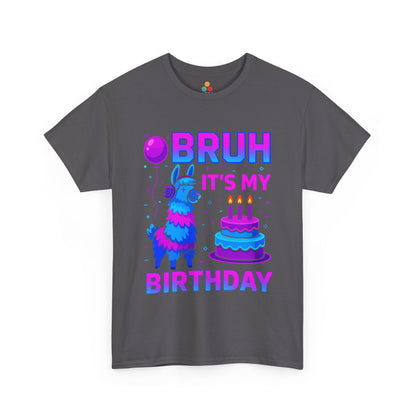 Gray t-shirt with colorful llama and birthday cake graphic on a white background