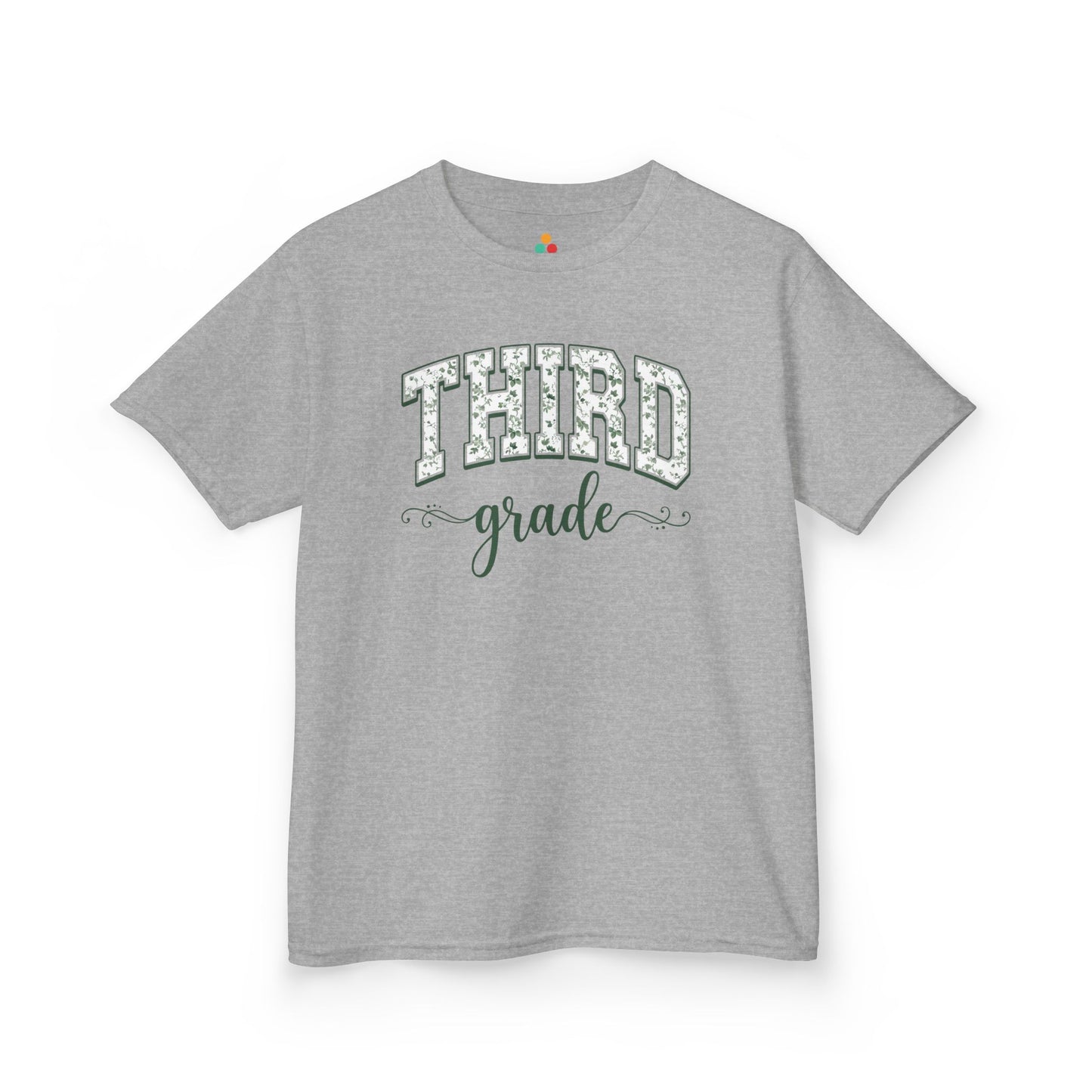 Gray t-shirt with white text on a white background. Cute third grade kids t-shirt from TEEZOCA for the first day of third grade, styled for a new third grader.
