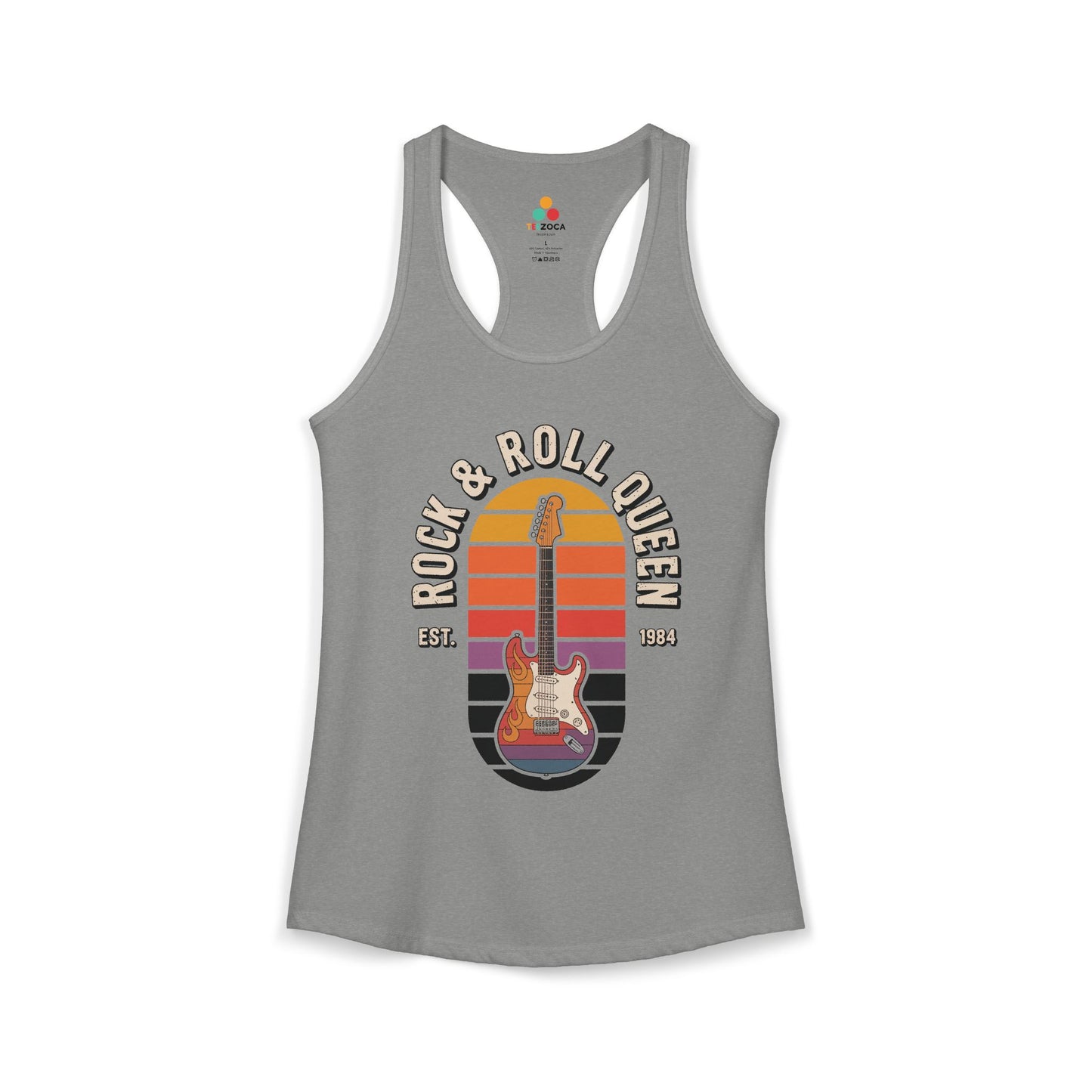 Gray tank top with 'Rock & Roll Queen' graphic design on a white background. TEEZOCA women’s rock tank top with electric guitar and “Rock & Roll Queen” vintage design