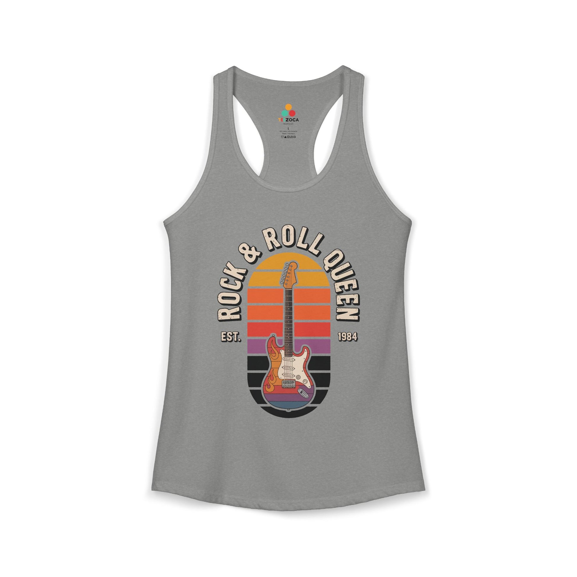 Gray tank top with 'Rock & Roll Queen' graphic design on a white background. TEEZOCA women’s rock tank top with electric guitar and “Rock & Roll Queen” vintage design